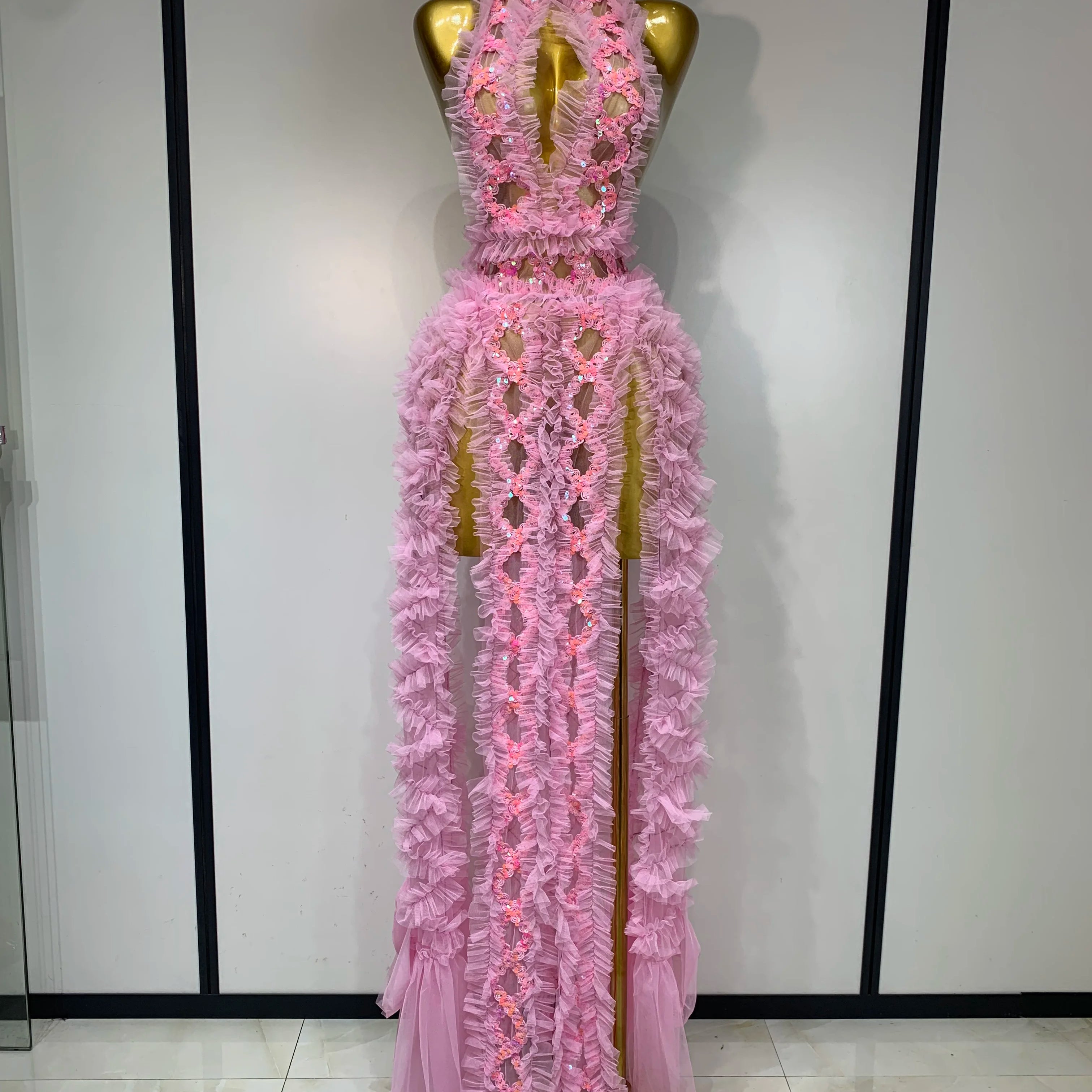 Mesh Sequins Sexy Backless Halter See Through Dress 2025 Birthday Evening Party Prom Nightclub Singer Stage Performance Costume