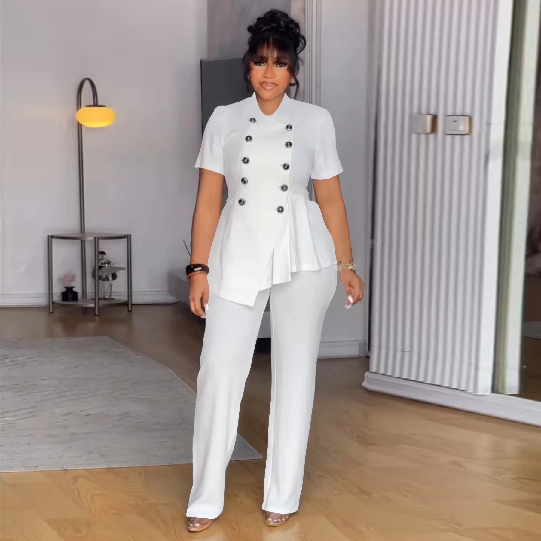 Plus Size Summer 2 Two Piece Set Women Irregular Ruffle Pleated Fashion Ladies Blouses Casual Bodycon Woman Pencil Pant