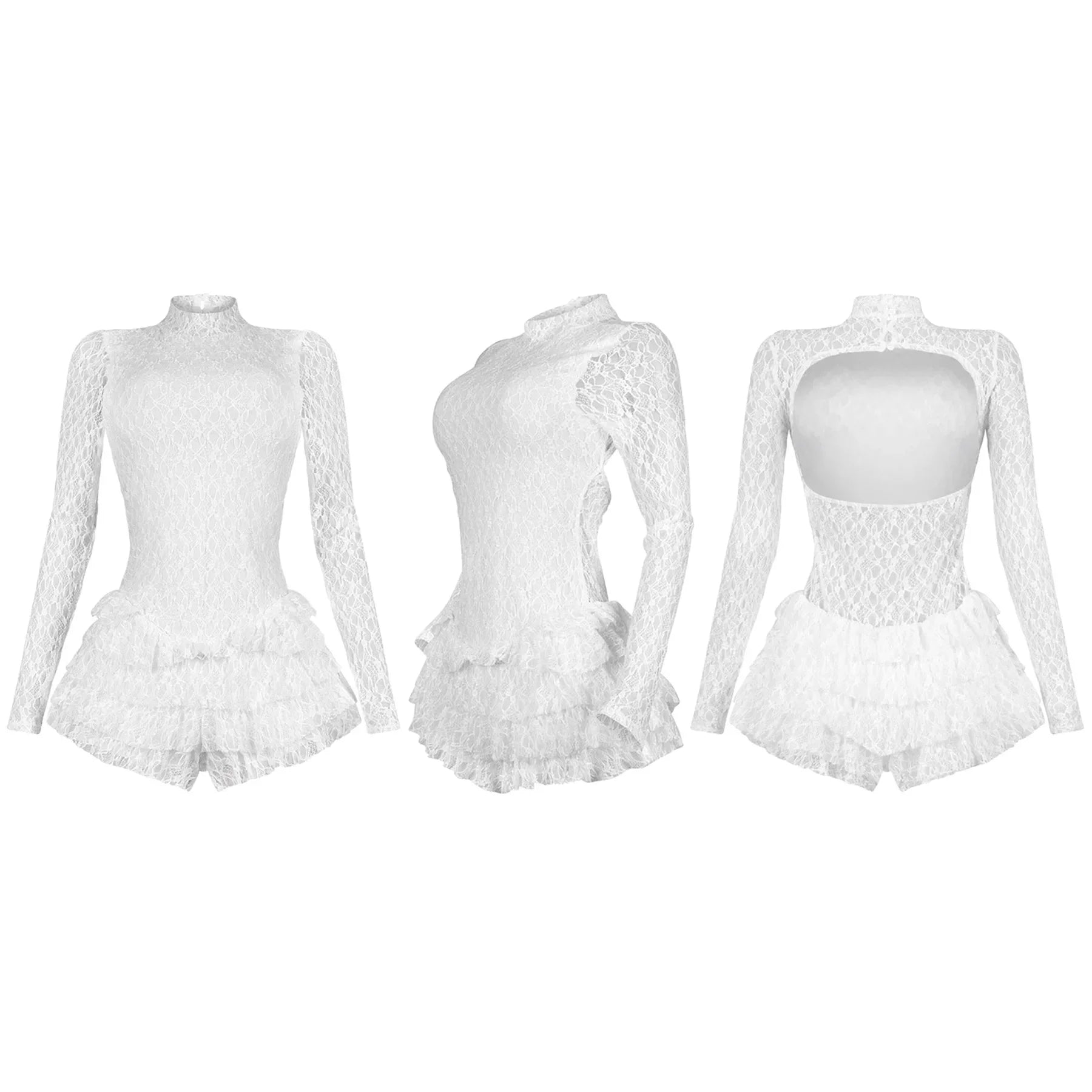 CM.YAYA Women Long Sleeve Lace Ruffles Ruched High Waist Short Jumpsuit Streetwear Backless Street One Piece Romper Playsuit