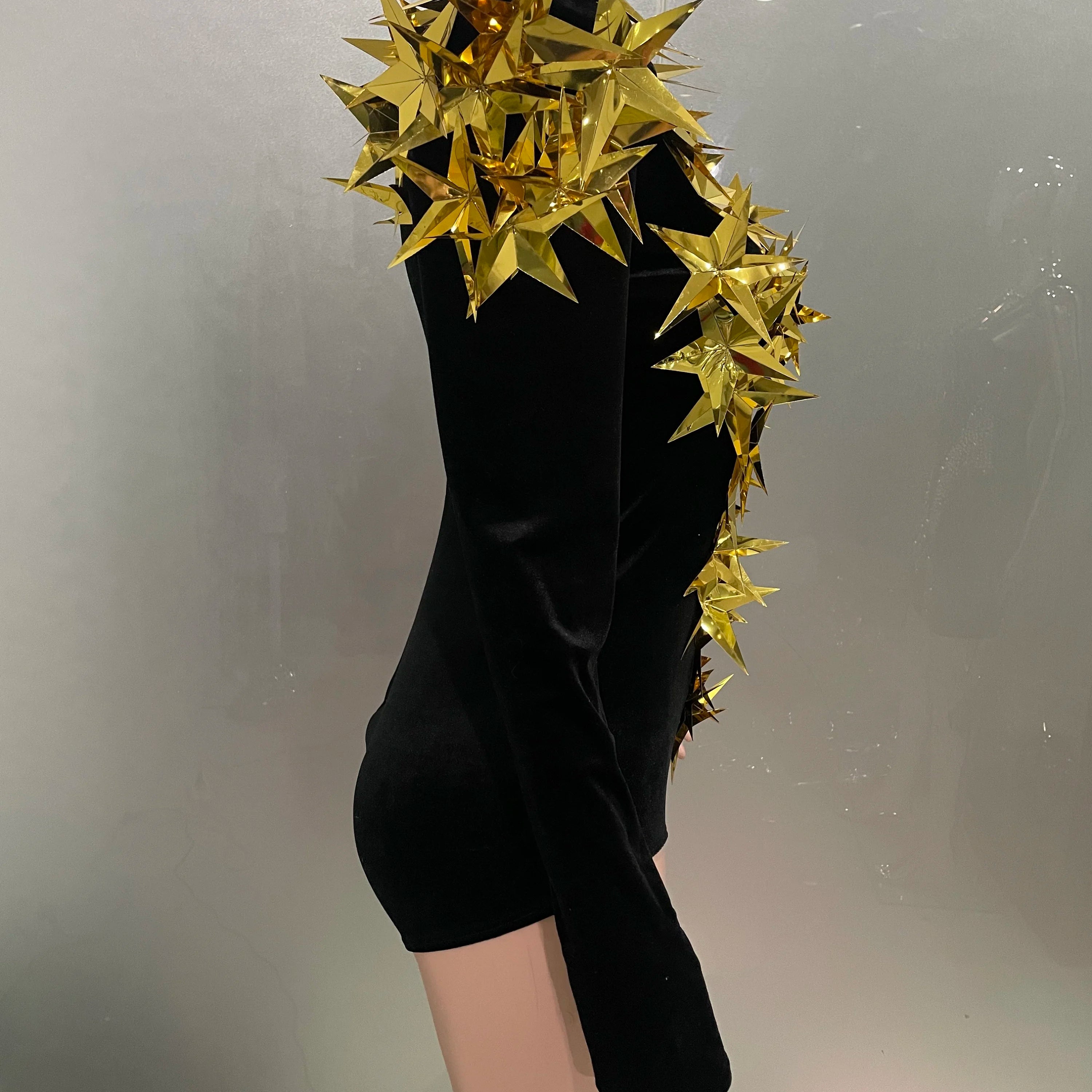 Shiny Gold Rhinestone Black Velvet Long Sleeve Bodysuit 2025 Women Evening Party Club Gala Hosts Night Club Bar Stage Costumes