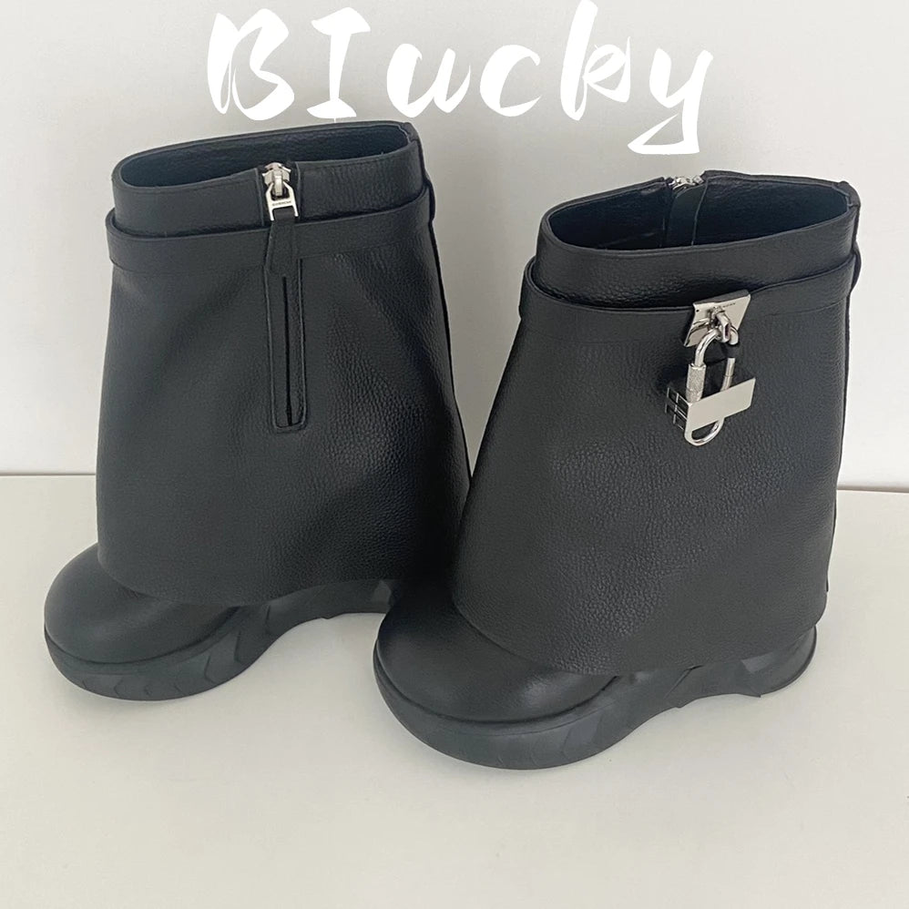 Winter New Women Mid-Calf Boots Woman Genuine Leather Wedge Platform Round 2023 Metal Decoration Boots black