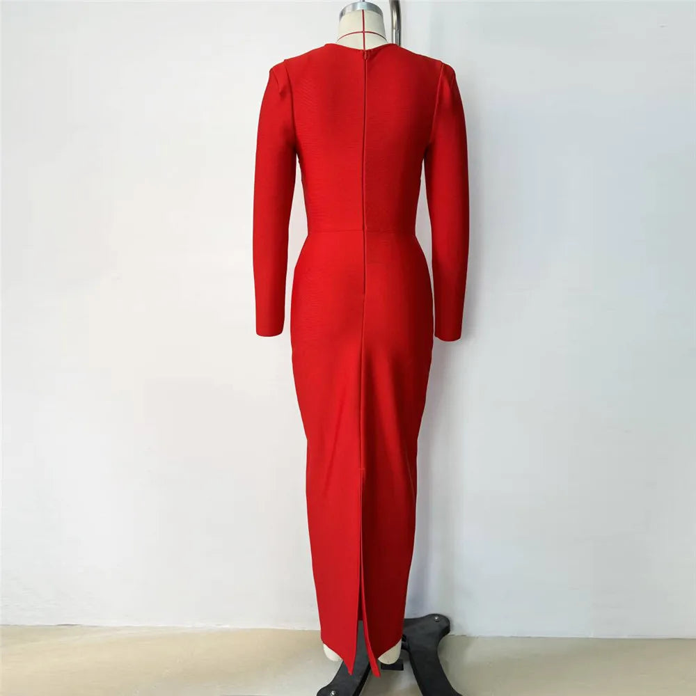 Red Color Women Long Sleeve Square Collar Shinning Crystal Bodycon Long Bandage Dress Celebrate Nightclub Party Outfit