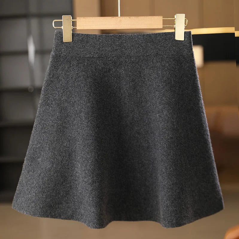 Autumn Winter New 100% Wool Short Skirt Women High Waist Knitted A-line Skirt Slimming and Versatile Hip hugging One Step Skirt 086 Dark grey