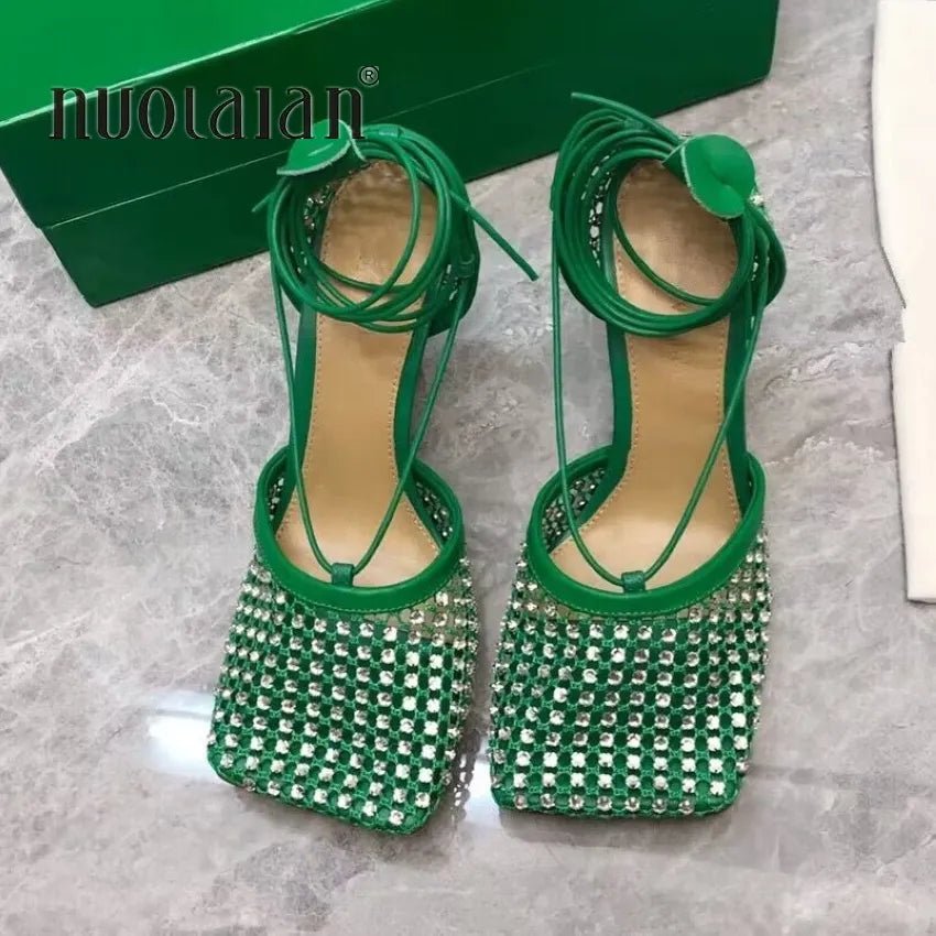 Fashion Green Rhinestone Women Pumps Sandals Female Square Toe high heels Lace Up Cross-tied Stiletto hollow Party Shoes Woman
