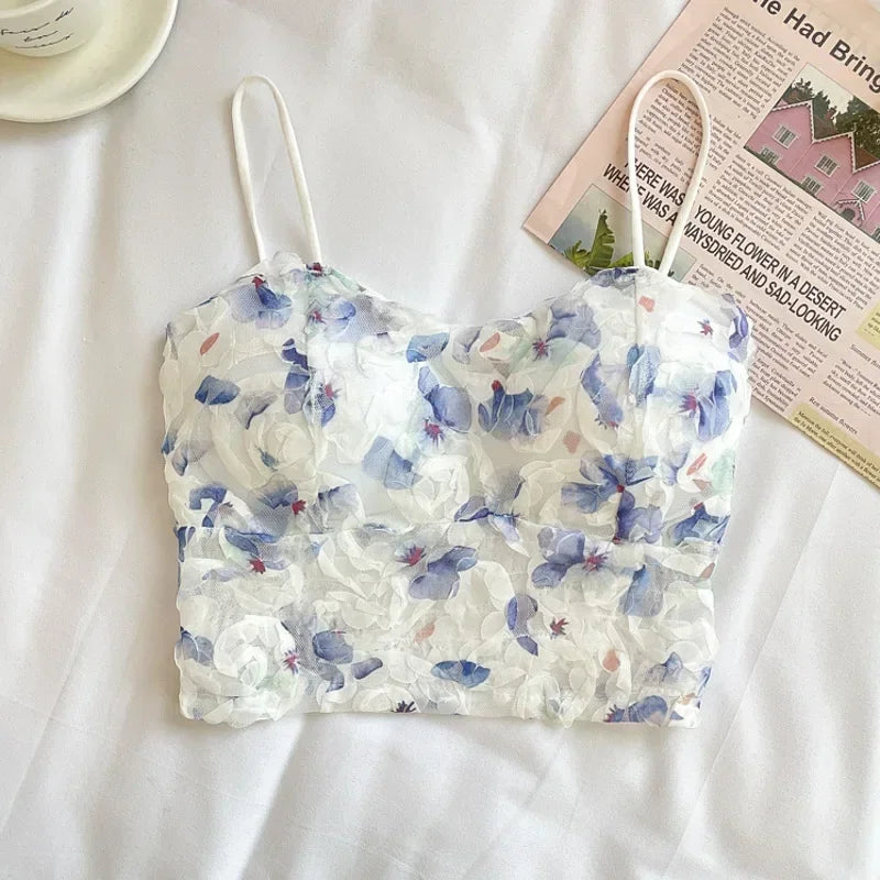 Summer Sweet Floral Corset Vest Office Lady Beach Style Sleeveless Blouse Women Vintage Lace Slim Crop Top Korean Fashion Blue One Size(40-65kg)