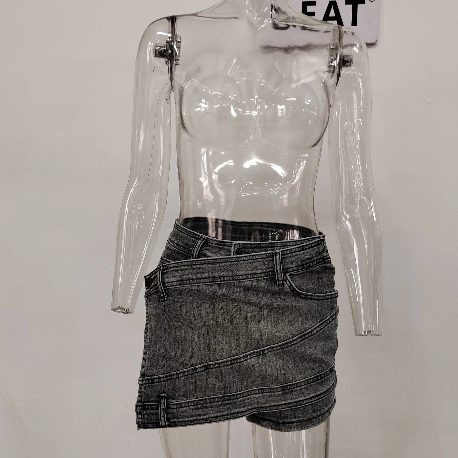 Fashion Women's Denim Skirt New High Waist Irregular Chain Spliced Gray Above Knee Skirts Female Tide Summer whitout belt