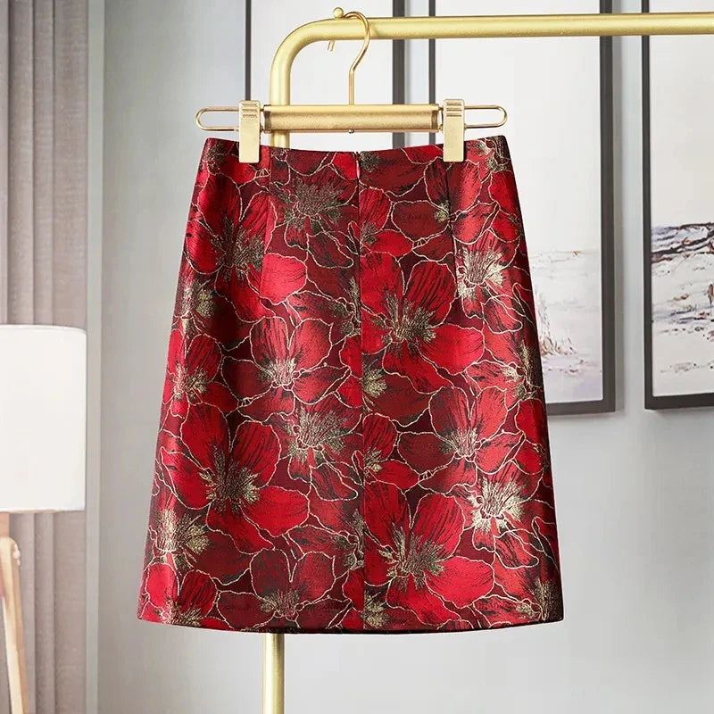 Skirts Womens Spring Summer Jacquard Skirt New Heavy Industry Light Luxury Peony Embroidered Short Skirt A-line Jupe Femme Red CHINA