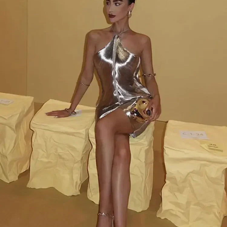 Sexy Fashion Metallic Halter Mini Dress For Women Female Sleeveless Backless Sliming Vestidos Lady Party Club Evening Gown Robe