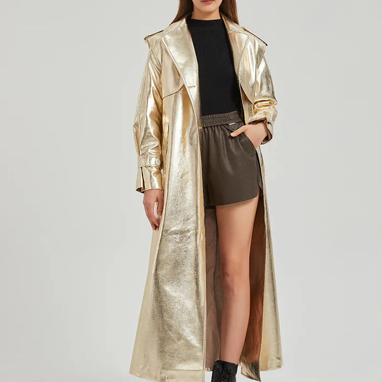 Autumn Extra Long Gold Shiny Patent Pu Leather Trench Coat for Women Single Breasted Luxury Designer Overcoat 2024 Gold