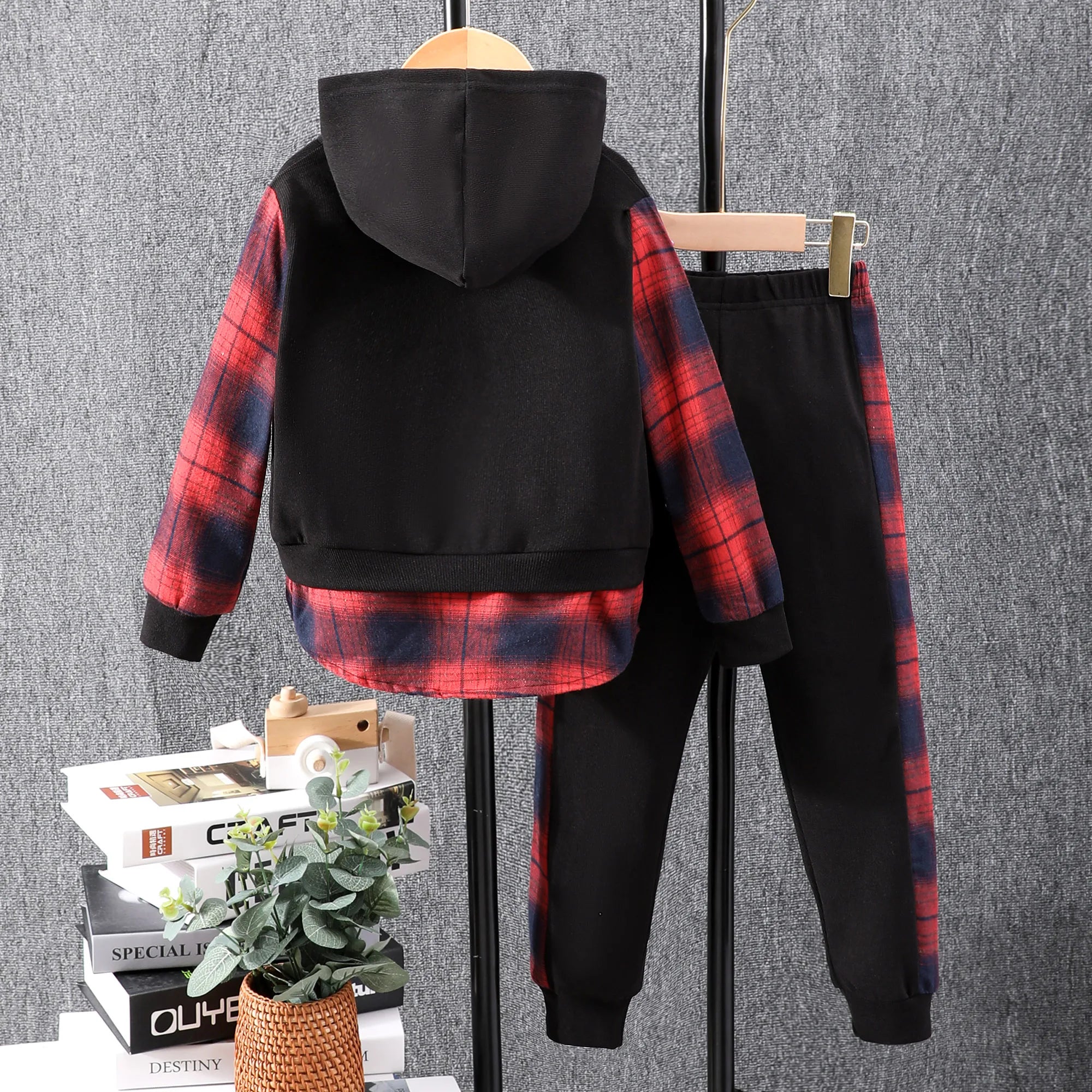 Autumn New Boy Set Long Sleeve Checked Hooded Top+Checked Pants Boys' Set Autumn/Winter Fashion Children's Set