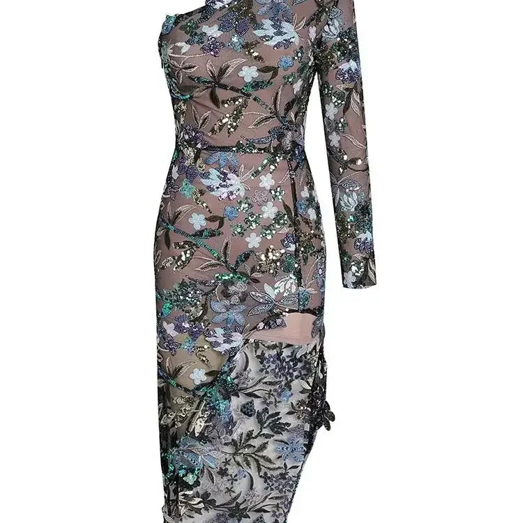 Sexy Women One Shoulder Long Sleeves Luxury Sequin Floral Embroidered Asymmetric Flower Slim Long Dress Bodycon Party Dress