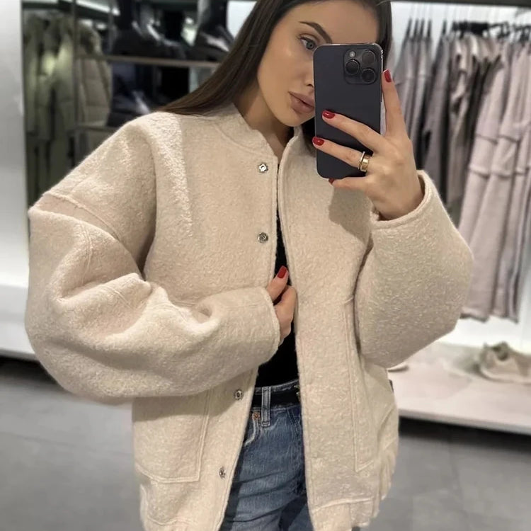 Women Fashion With Pockets Oversized Bomber Jacket Coat Vintage Long Sleeve Snap Button Female Outerwear Chic Tops