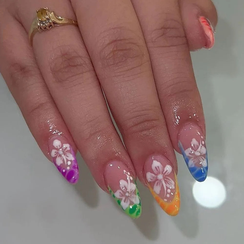24Pcs Mid-length Almond Full Cover Nails Tips Colorful Star with Design Fake Nails Art Detachable Finished Press on False Nails
