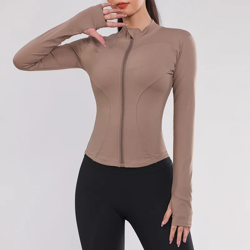Women Gym Wear Solid Color Quick Drying Yoga Wear High Elasticity Fitness Jacket Ventilated Long Sports Shirt Women's Tracksuit khaki gym jacket CHINA
