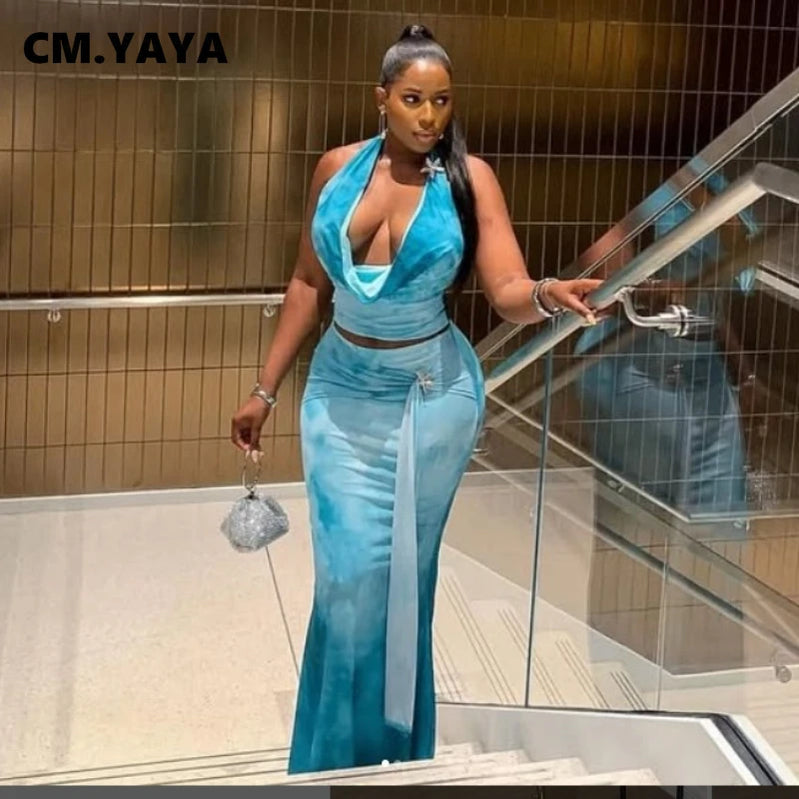 CM.YAYA Women Tie Dye Printed Halter Pile Neck Crop Top and Bodycon Midi Maxi Long Skirt Suit 2025 Summer Two 2Piece Set Outfits