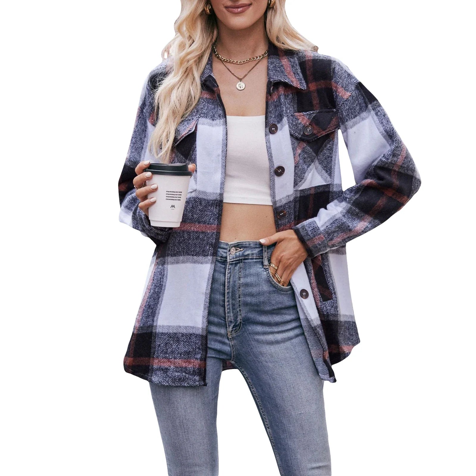 Women s 2023 Autumn Winter Plaid Flannel Button Down Shirts - Stylish Oversized Boyfriend Fit Tops for a Trendy Look Black Red
