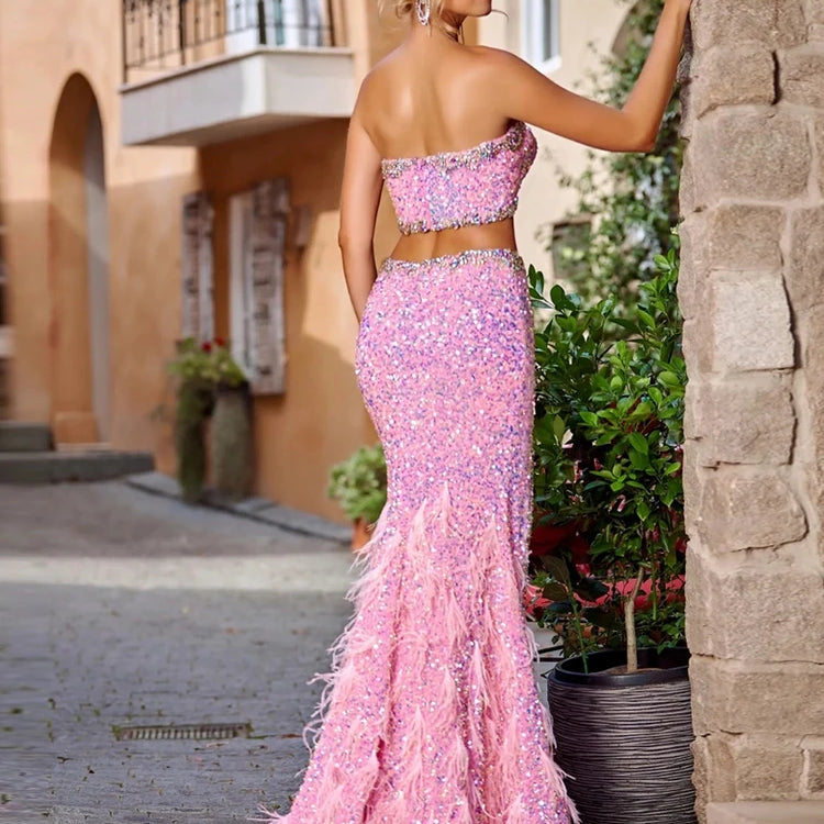 VC Pink Sparkly Sequins Long Dress Beaded Crystal Feather Embellished High Slit Straight Floor-length Prom Evening Gown Vestidos