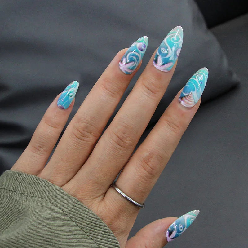 24Pcs Mid-length Almond Press on False Nails Blue Universe Fake Nail Art with Jelly Glue Reusable Finished Full Cover Nails Tips