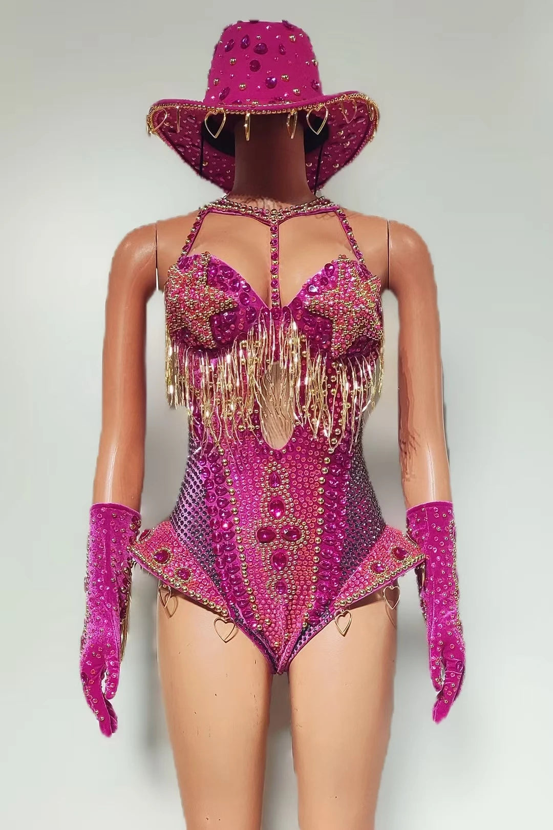 Luxury Women Crystals Tassel Bodysuit Set Cowboy Night Party Jumpsuit Stage Show Outfit Festival Celebrate Sexy Wear Hongding