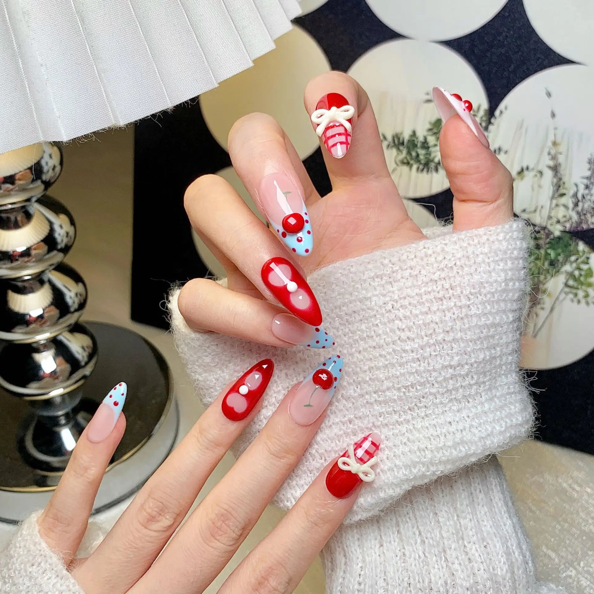 10pcs Red Handmade Fake Nails Tips Cherry Bow Design False Nails Sets Mid-length Oval Press on Nails Wearable French Manicure