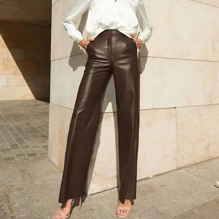Europe and the United States wind women's spring PU leather mid-high waist hip lift straight ladies casual pants women's pants Dark brown