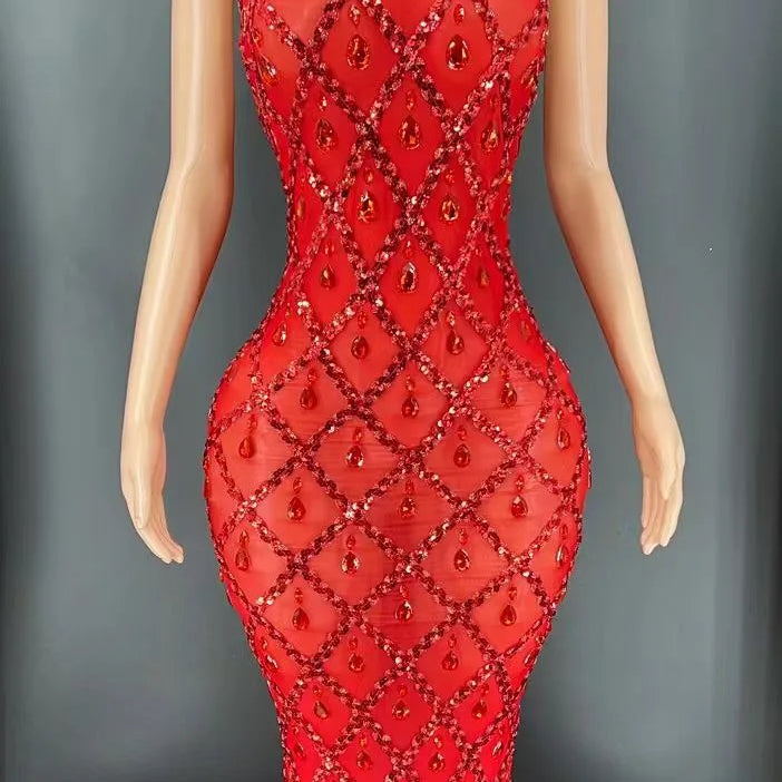 Flashing Silver Rhinestone Crystals Fringes Transparent Short Dress Birthday Celebrate Costume Evening Dancer Dress