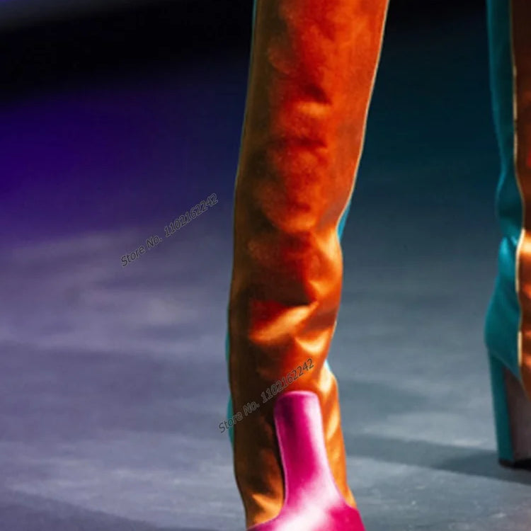 Premium Ladies Chelsea Boots Luxury Designer Shoes Mixed Colors Chunky Heel Tall Boots Side Zip Fashion Boots Zapatos Mujer