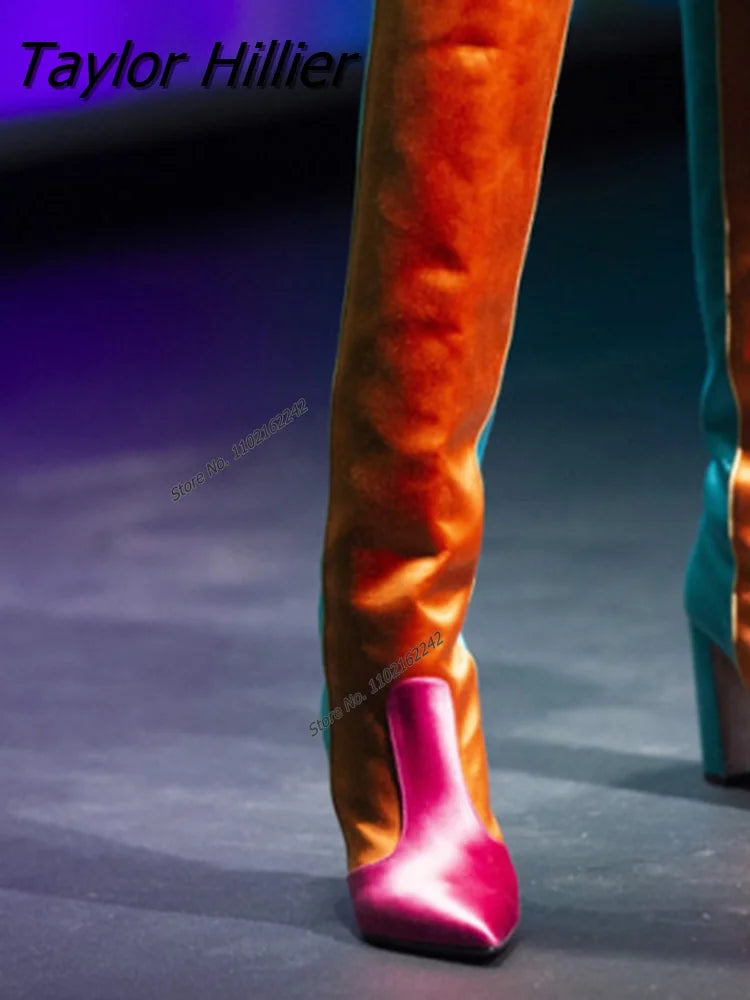 Premium Ladies Chelsea Boots Luxury Designer Shoes Mixed Colors Chunky Heel Tall Boots Side Zip Fashion Boots Zapatos Mujer