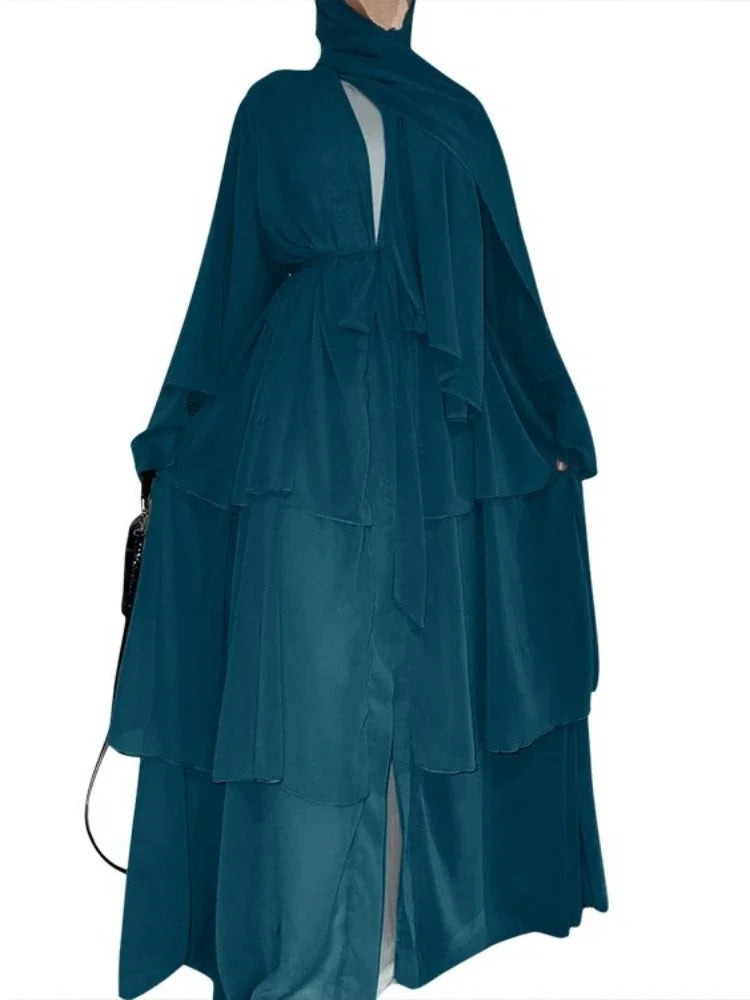 New In Women Abaya NO SCRARF(Encrypted Chiffon)Elegant Muslim Stitching Three Layer Abaya Ruffle Sleeves Cardigan Marocain Dress Dark green