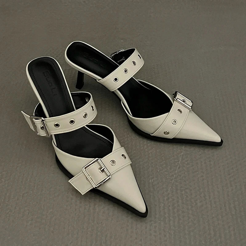 Punk Goth Metal Buckle High Heels Women's Sandals Summer Pointed Toe Silver Party Shoes Fashion Womens Pumps Shoes Tacones Beige 8cm Heel high