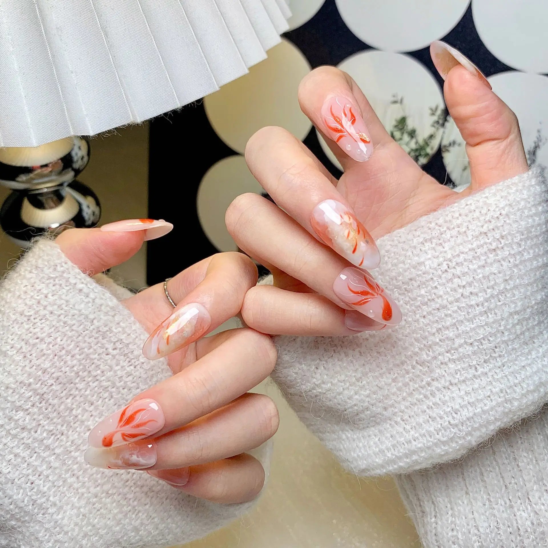 10pcs Red Handmade Fake Nails Tips Cherry Bow Design False Nails Sets Mid-length Oval Press on Nails Wearable French Manicure