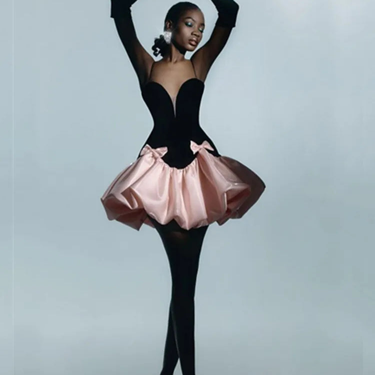 Women Celebrity Sexy Backless Ball Patchwork Pink Black Mini Gowns Dress 2025 Elegant Evening Party Club Vestido