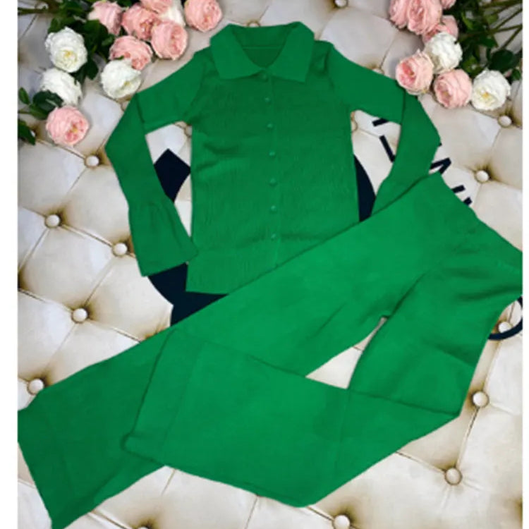 2024 Fashion Slim Knit Pants Set Lapel Flare Long Sleeve Single Breasted Cardigan Sweater & Trousers Two-Piece Set