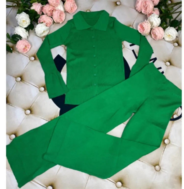 2024 Fashion Slim Knit Pants Set Lapel Flare Long Sleeve Single Breasted Cardigan Sweater & Trousers Two-Piece Set