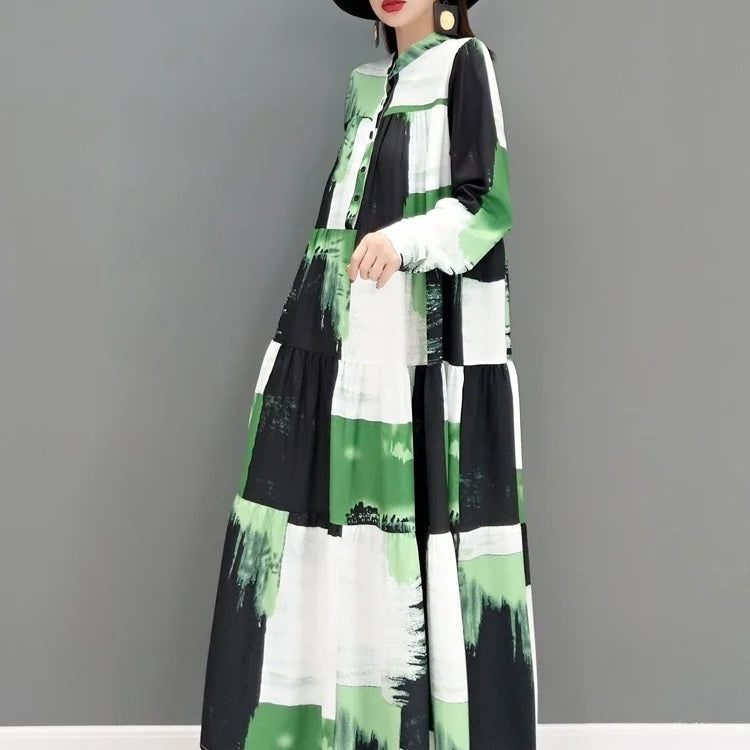 SHENGPALAE 2024 Autumn Fashion Tide Dress For Women Stand-up Collar Long Sleeve Printing Elegant Loose Fit Female Robe 5AE209