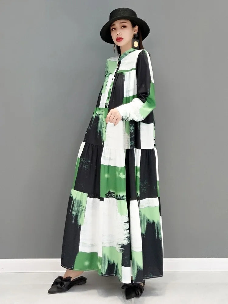 SHENGPALAE 2024 Autumn Fashion Tide Dress For Women Stand-up Collar Long Sleeve Printing Elegant Loose Fit Female Robe 5AE209