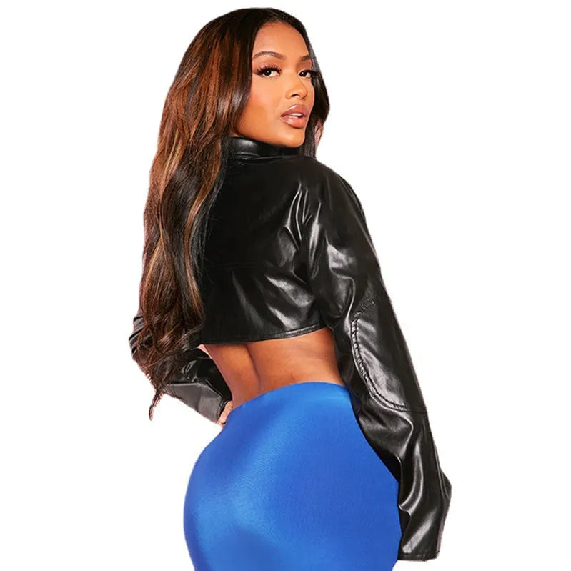 Letter Print Jacket Cut Buckle Zipper Stitching Crop PU Leather Moto Short Jacket Zipper Coat Autumn Sweatshirt Street Outwear