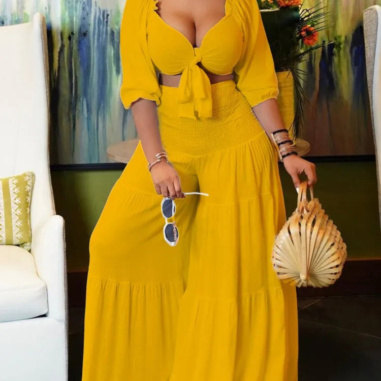 Plus Size Summer 2 Two Piece Set Women Bodycon Sexy Fashion Ladies Cropped Blouses Wide Leg Loose Pleated Woman Long Pant