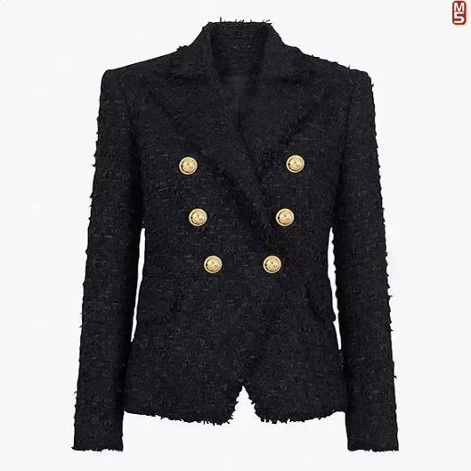 Fashionable and elegant tweed women's suit jacket with tassel edge gold buttons, high-quality design - black and white