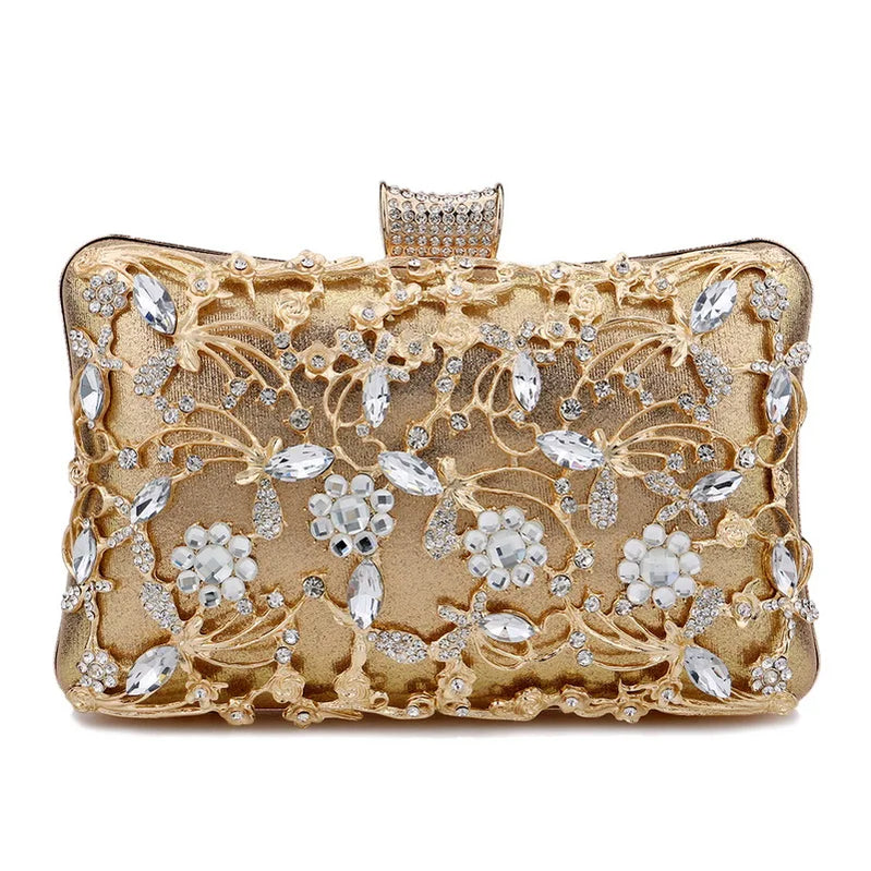 Rhinestones Women Bags Hollow Out Style Fashion Evening Bags Chain Shoulder Handbags Party Wedding Day Clutch Purse YM3106gold
