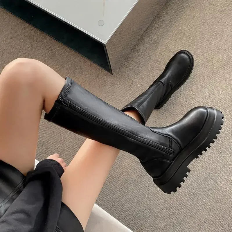 Fashion Platform Mid-Calf Shoes Women Combat Winter Heels Quality Long Thigh High Botas Zipper Knee High Boots For Girls Mujer