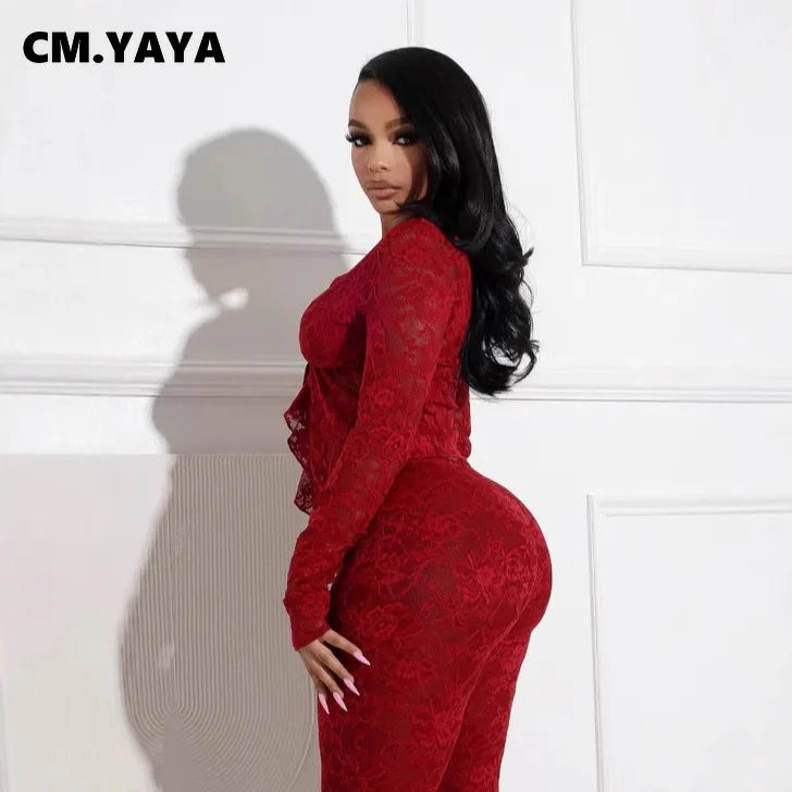 CM.YAYA 2025 Women's Set Long Sleeve Lace See Through Shirt + Long Pants Street Evening Sexy Two 2Piece Sets Outfits Tracksuit