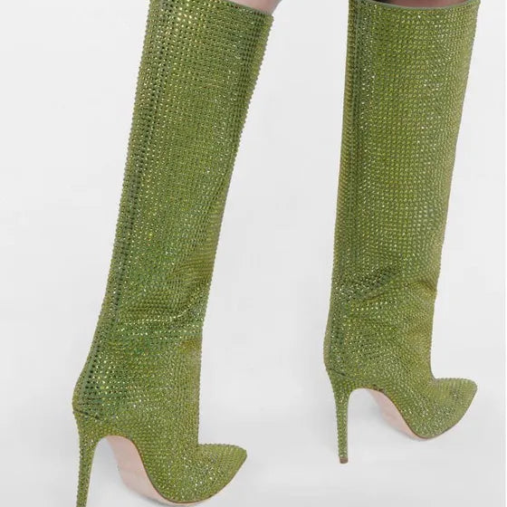 Rhinestone Women's High Boots Pointed Toe Slip-on Long Boots Women Boots High Heels Sexy Stiletto Ladies Party Shoes