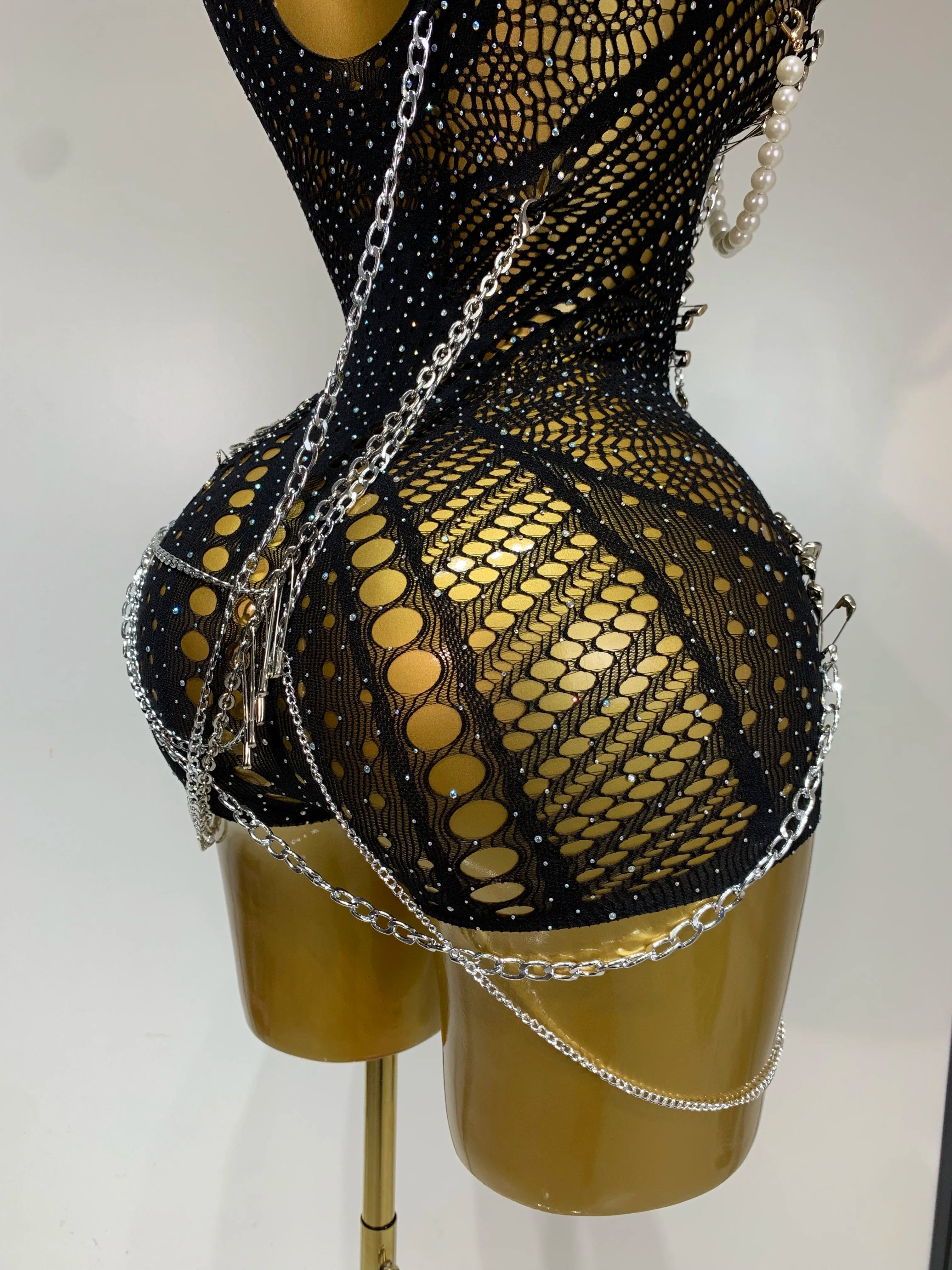 Macacão feminino elástico sexy com recortes de cristal brilhantes para boate DJ, roupa para cantoras e dançarinas