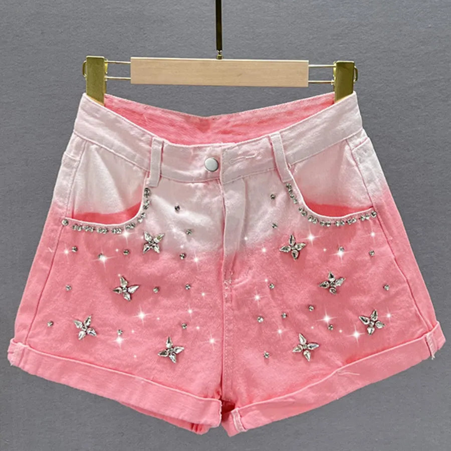 Sweet Gradient Color Exquisite Rhinestone Denim Shorts Women Summer High Waist Slimming Wide Leg Shorts Jeans Hot Pants