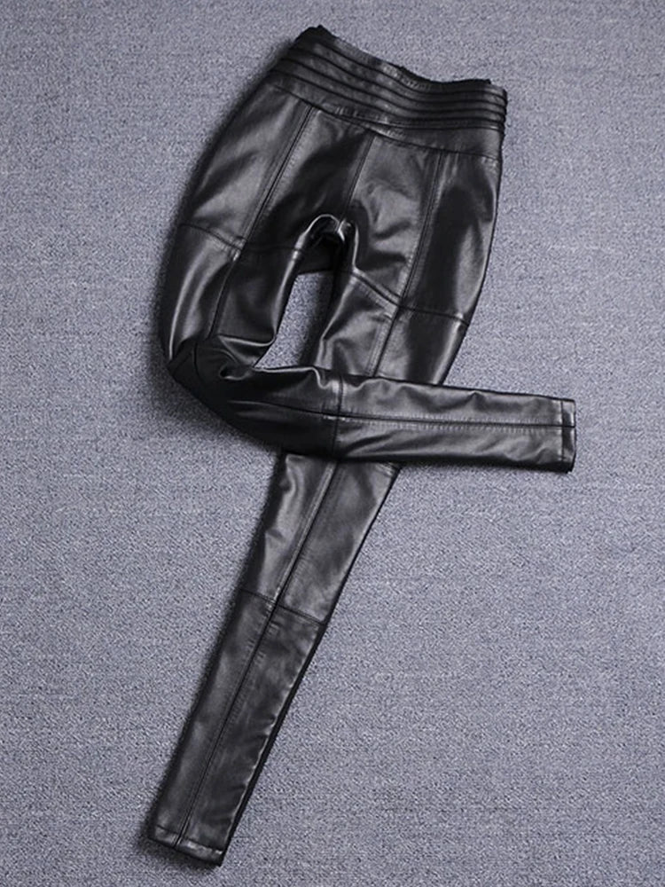 Spring Autumn Fitted Black Soft Stretchy Pu Leather Pencil Pants Leggings Women High Waist Elegant Bottoms 2022 Fashion Black