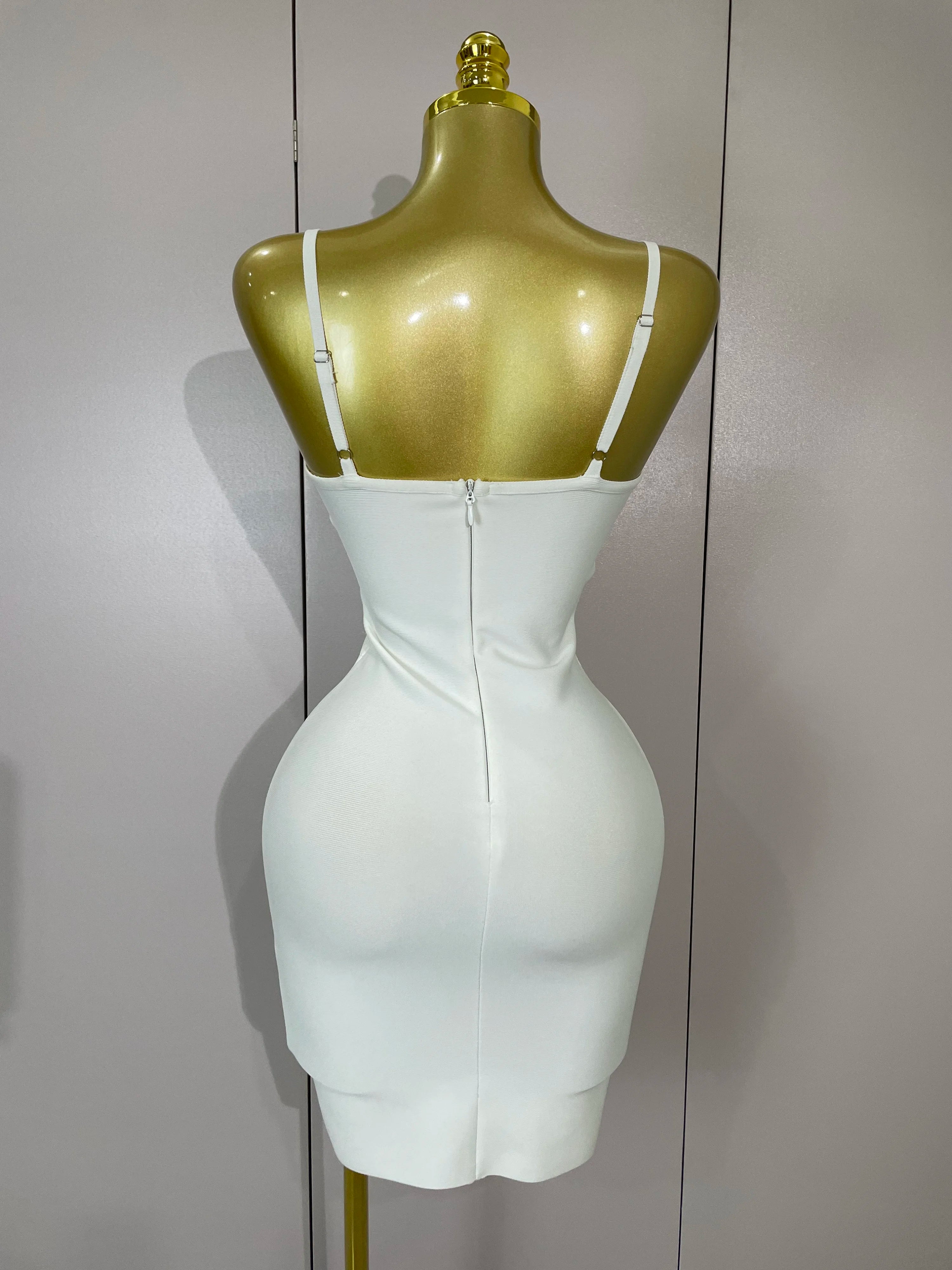 Sexy White Spaghetti Strap V Neck Crystal Sleeveless Bandage Dress Women Elegant Evening Party Cocktail Luxury Birthday Gowns