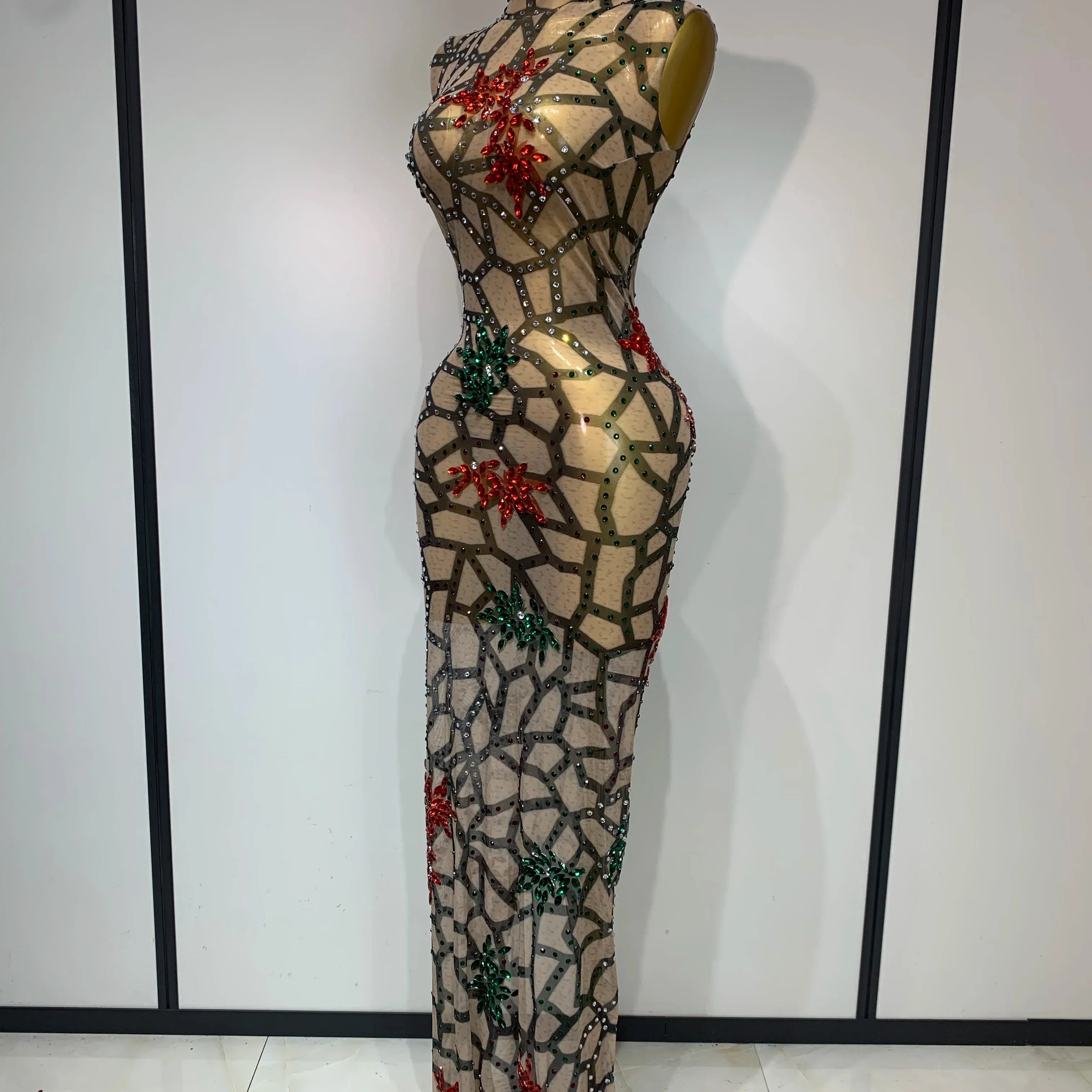Women Sexy Mesh See Through Sparkly Rhinestone Long Maxi Dress Luxury Birthday Evening Party Prom Gowns Singer Stage Costume