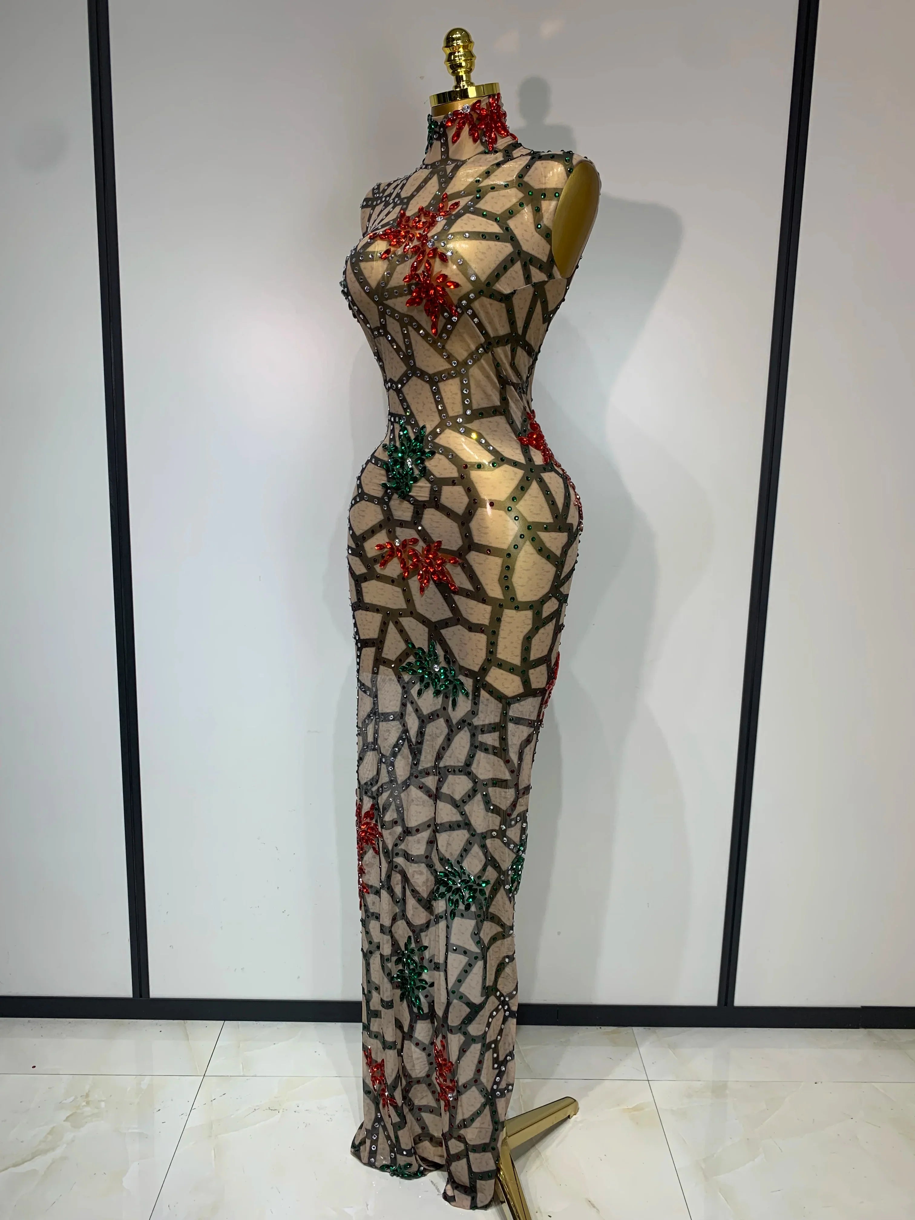 Women Sexy Mesh See Through Sparkly Rhinestone Long Maxi Dress Luxury Birthday Evening Party Prom Gowns Singer Stage Costume