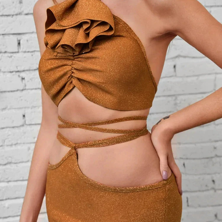 Women Sexy Backless Halter Sparkly Gold Ruffles Lacing Bandage Skirt Set Knitted Elegant Evening Cocktail Party Club Dress